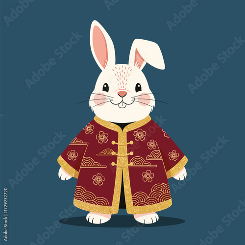 A cute white rabbit dressed in a traditional red and gold Chinese coat standing on a dark blue background.