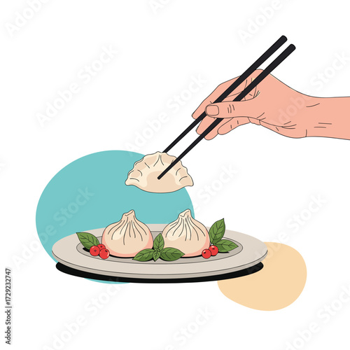 Delicious dumplings being picked up with chopsticks from a plate.1
