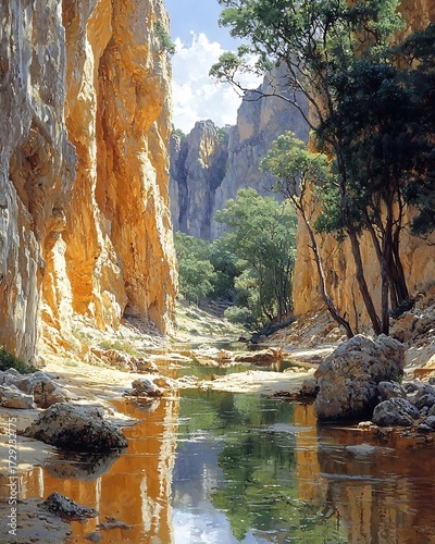Explore scenic canyon landscape with river reflection and sandstone cliffs for travel and adventure