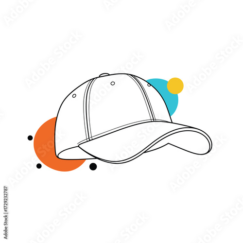 A stylish cap with a curved brim and colorful abstract shapes in the background.
