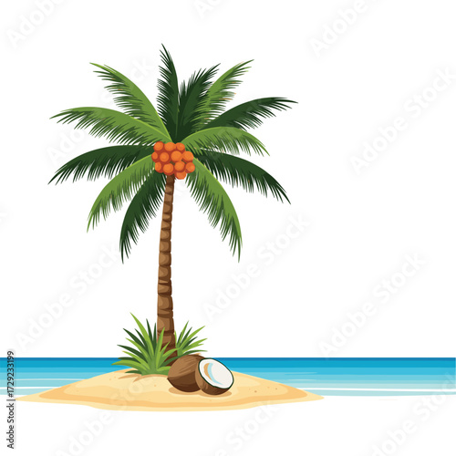 A solitary palm tree stands on a small sandy island in the ocean.