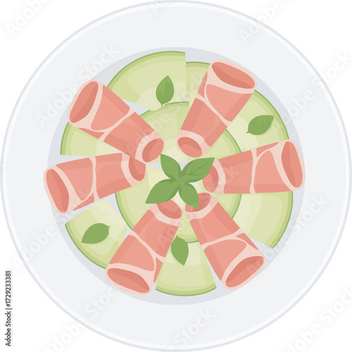 Top-down view of a plate with melon slices topped with rolled prosciutto and garnished with basil leaves.