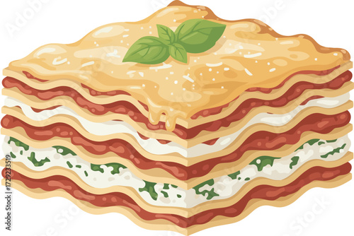 A delicious, layered lasagna dish, topped with a sprig of fresh basil, ready to eat.