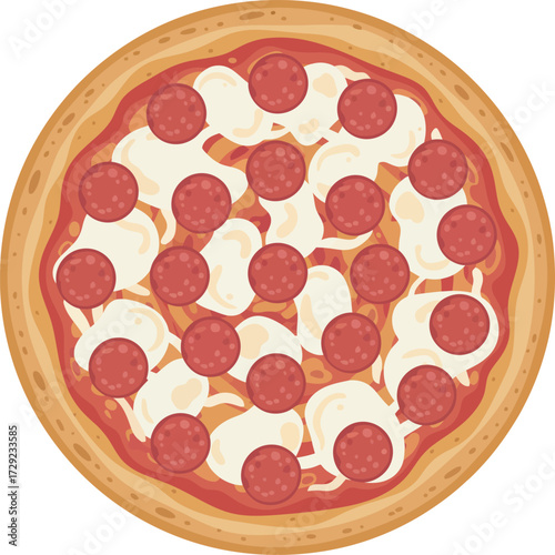 A cartoon illustration of a delicious pepperoni pizza, ready to eat.