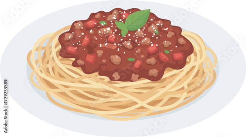 Spaghetti with meat sauce and basil leaf garnish on a white plate, presented as a vector illustration.