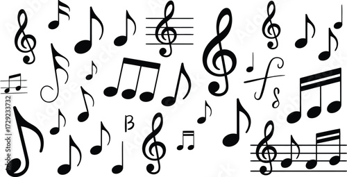 Vibrant collection of black musical notes and symbols scattered across a clean white background, perfect for creative projects.