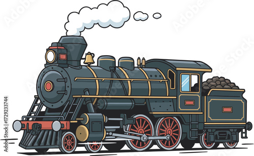 A detailed illustration of a classic steam locomotive billowing smoke, ready to travel.