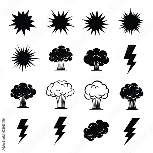 Collection of explosions lightning bolts and cloud silhouettes graphic elements set silhouette