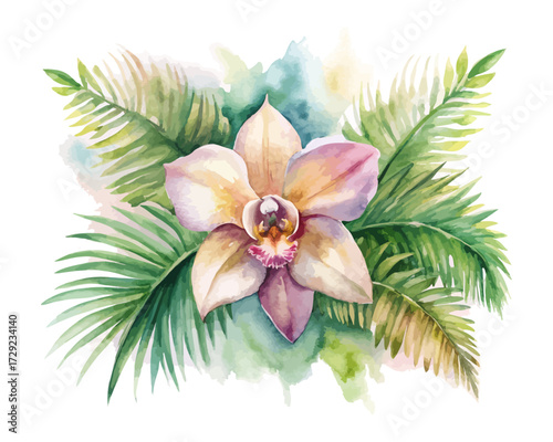 Watercolor Tropical Orchid with Palm Leaves isolated on white background