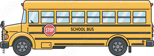 A bright yellow school bus illustration, displaying a stop sign, ready for transportation.