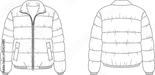 Puffer jacket illustration, front back view, quilted outerwear design, fashion sketch, apparel template, garment construction, winter clothing, insulated coat, technical drawing