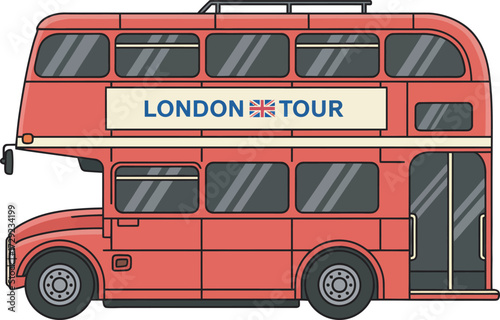 Illustration of a red double-decker bus with "London Tour" sign and a Union Jack flag.