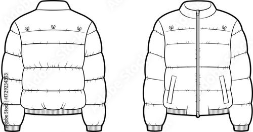 Puffer jacket illustration, front back view, quilted outerwear design, fashion sketch, apparel template, garment construction, winter clothing, technical drawing, insulated coat style