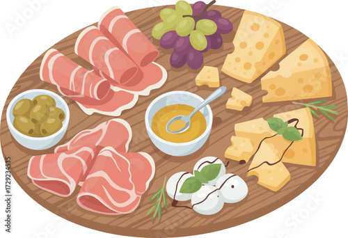 Appetizing charcuterie board featuring cheese, prosciutto, grapes, olives, mozzarella, honey, and rosemary, presented on a wooden platter.