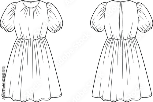 Fashion illustration dress design, puff sleeve dress, gathered neckline, fitted waist, flared skirt, sewing pattern, garment construction, apparel sketch