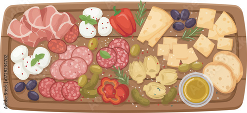 Appetizing charcuterie board featuring an assortment of meats, cheeses, olives, peppers, and other delectable snacks.