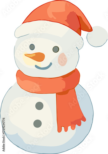 A cheerful snowman illustration wearing a red Santa hat and scarf, with a carrot nose and button details, symbolizing festive winter joy.