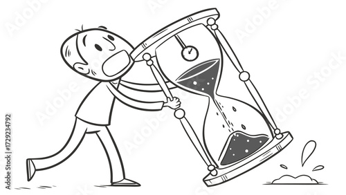 Frustrated stick figure person holding tilted hourglass losing sand quickly time running out
