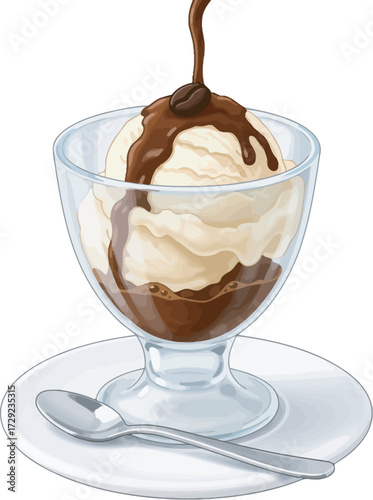 A scoop of vanilla ice cream in a glass, drizzled with chocolate sauce.