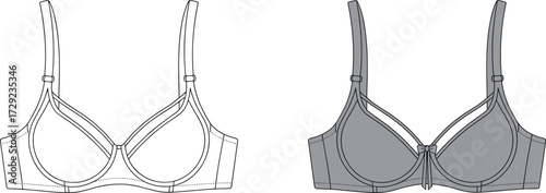 Bra technical drawing, lingerie fashion sketch, underwire bra design, apparel flat illustration, garment blueprint, adjustable strap bra, intimate wear vector