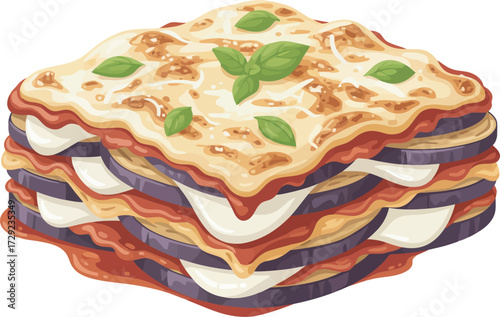 A layered eggplant parmesan dish with tomato sauce, cheese, and basil, presented in a cartoon style.