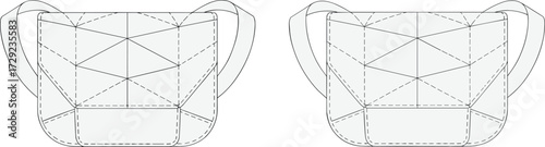 Handbag line drawings with geometric panel design, flap closure, shoulder strap, modern fashion accessory illustrations for sewing, textile, apparel, design use