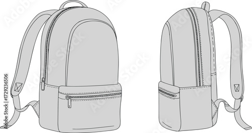 Backpack technical illustration, front and side view, zipper pocket design, school bag drawing, travel backpack sketch, everyday use accessory template, product concept