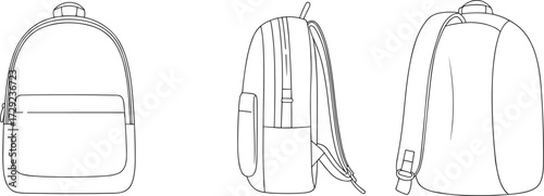 Backpack technical illustration, front side rear view, zipper pocket design, school bag drawing, travel backpack sketch, everyday use accessory template, product concept