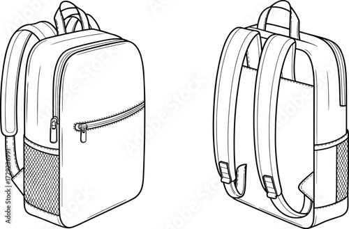 Backpack technical illustration, front and back view, side profile drawing, school bag design, travel backpack sketch, apparel accessory template, product concept