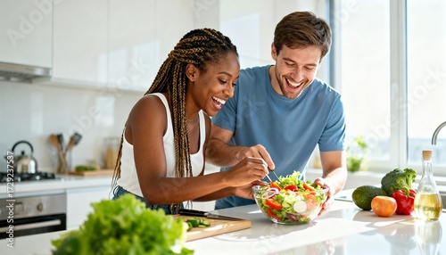 Joyful Diverse Couple Preparing Fresh Salad Together in Kitchen