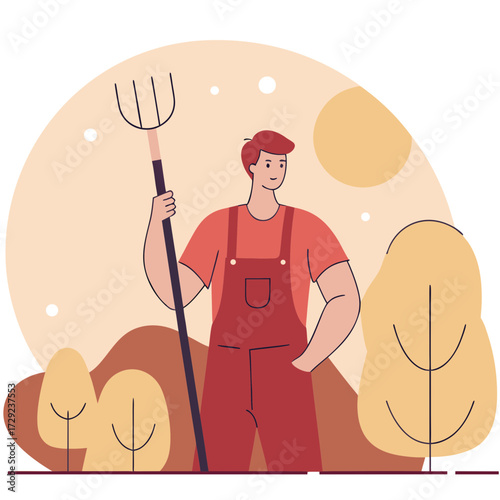 Young man holding pitchfork in overalls standing outdoors in nature, farmer holding pitchfork shaped like key, concept of wisdom, tradition and responsibility  