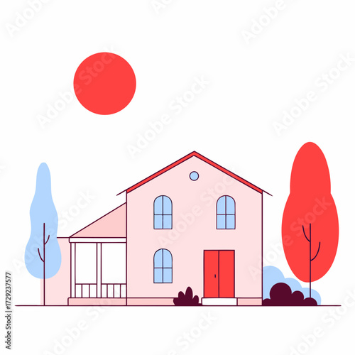 Simple house illustration with trees and sun in pastel colors. farm house with porch