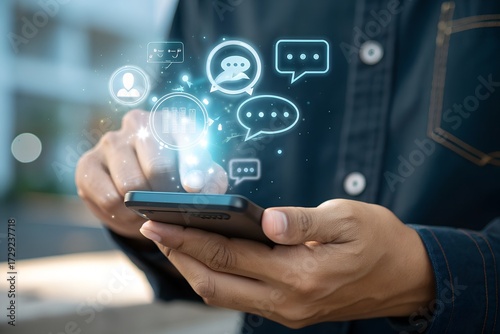 Wallpaper Mural Businessman using AI chatbot application on smartphone for virtual assistant, customer support, and online communication. Innovative technology in digital business solutions.  Torontodigital.ca