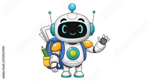 Smiling Educational Robot Character Waving Hello, Ready for School with Backpack and Pencil