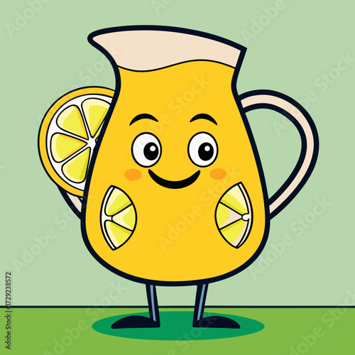 Cartoon pitcher with smiling face holding lemon slices  