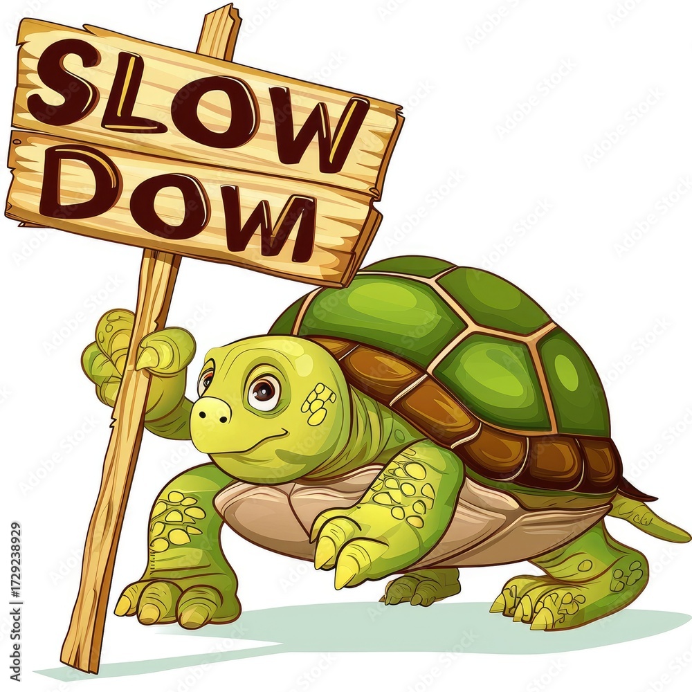 Obraz premium Cartoon turtle with a 'Slow Down' sign.