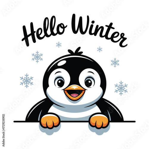 Minimalist cartoon illustration of a penguin peeking over a black line with orange beak and feet on white background