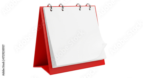 Red desk calendar with blank white pages, spiral ring bound, 3D rendered, isolated on clean white background, mockup template.