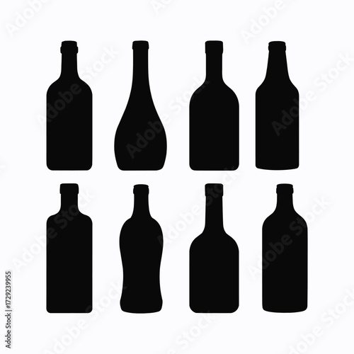 Collection of eight black bottle silhouettes on white background bottles glass