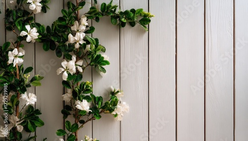 Delicate white blossoms cascade down a light gray wooden wall, creating a tranquil and elegant display.