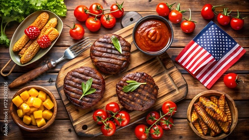 A topdown view of grilled beef patties, french fries, and corn on the cob, accompanied by cherry tomatoes and a small american flag