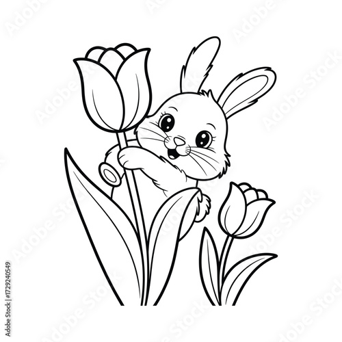 Minimalist cartoon illustration of a white bunny peeking from behind a pink tulip with additional tulip on white background