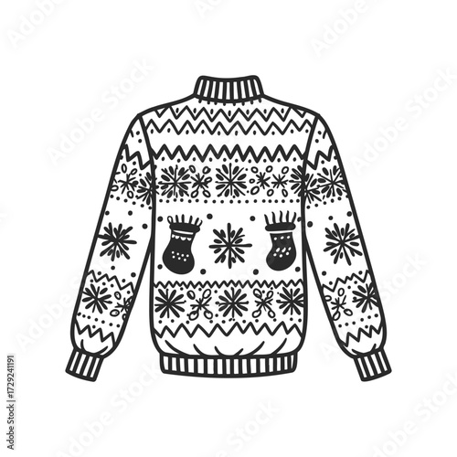 Black and white winter sweater with mittens design - festive knitwear pattern