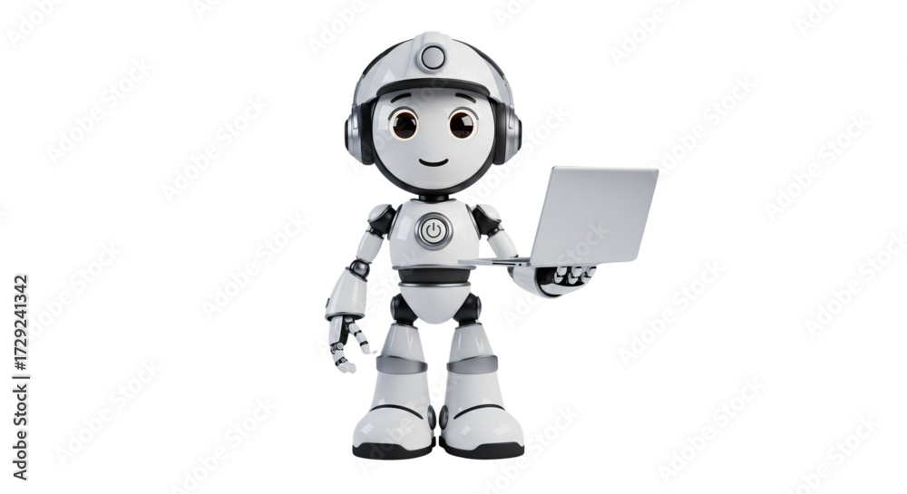 Obraz premium Cute 3D white robot with headphones holding a silver laptop, representing AI, technology, and digital assistant services.