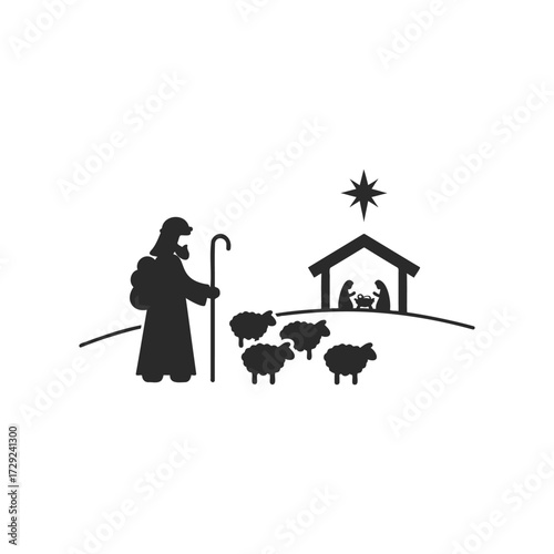 Nativity scene silhouette with shepherd, star, and stable