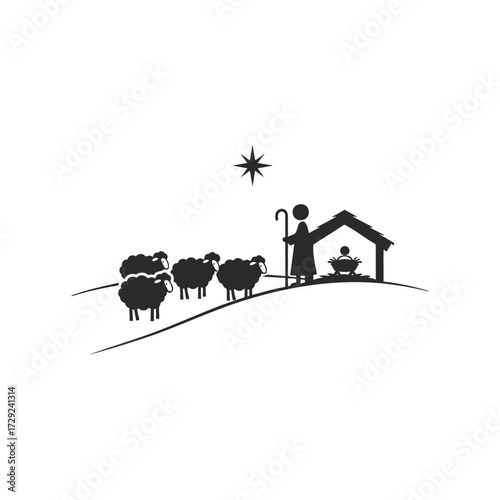 Simple nativity scene: shepherd, sheep, and manger under star