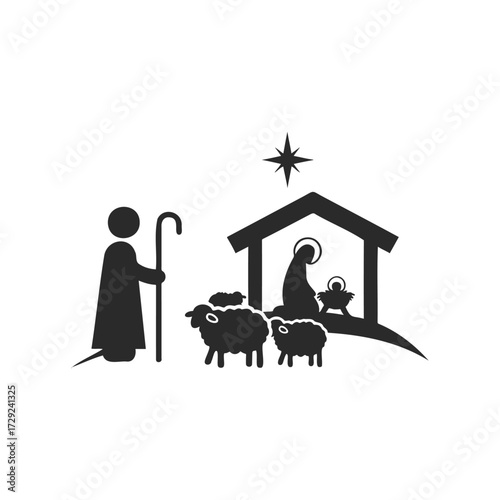 Silhouette nativity scene featuring shepherd, sheep, and manger with star