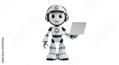 Cute 3D white robot with headphones holding a silver laptop, representing AI, technology, and digital assistant services.