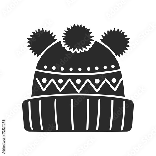 Black winter knit hat with pom-poms and geometric patterns