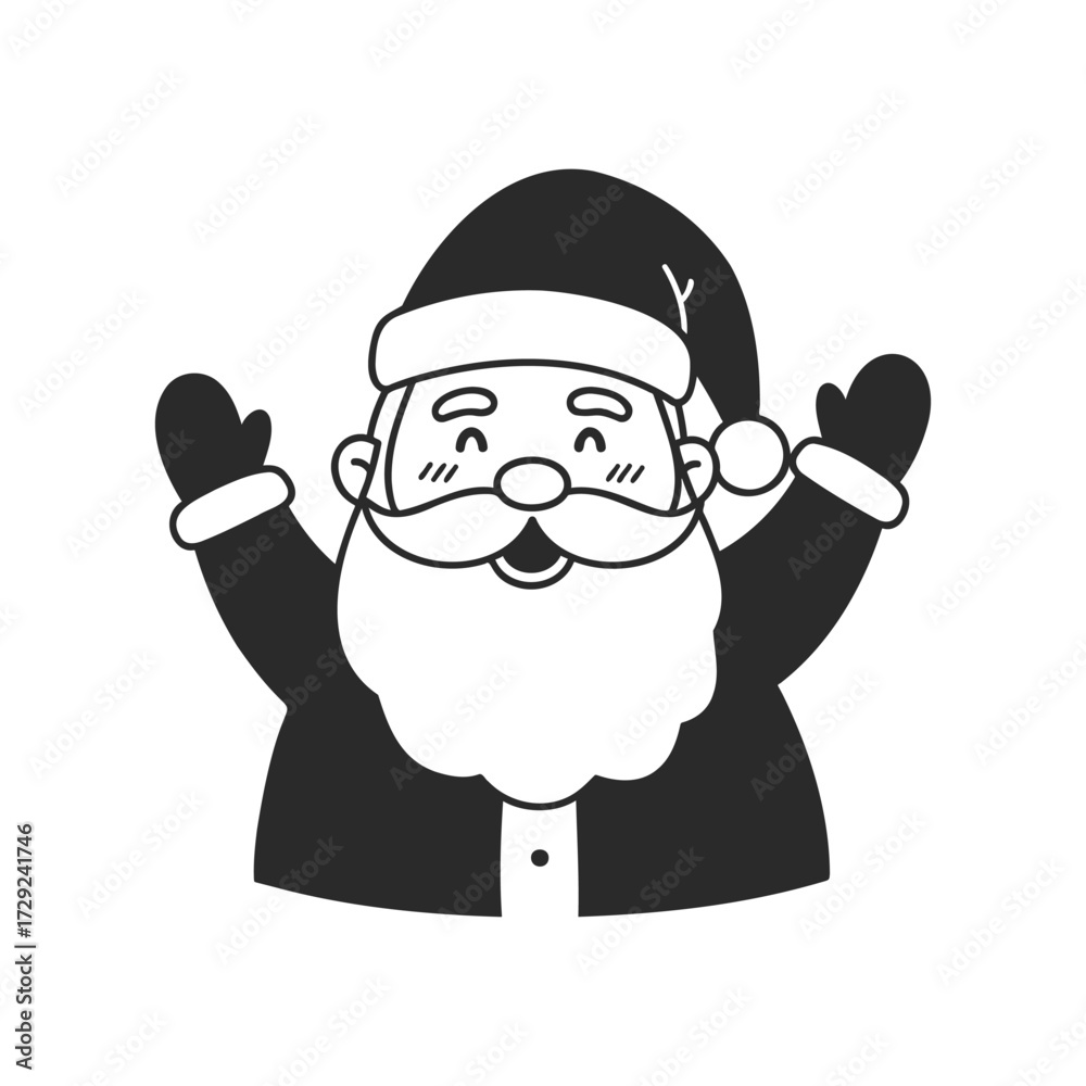 Fototapeta premium Cheerful cartoon santa claus with raised arms in christmas attire